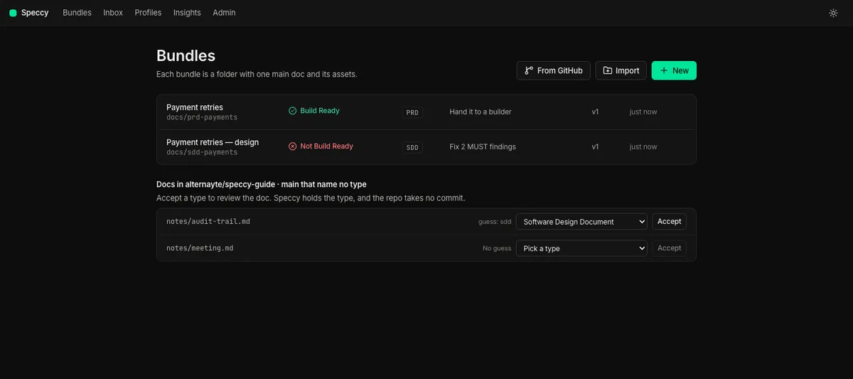 The docs of a GitHub source that name no type, each with a guess and a type picker