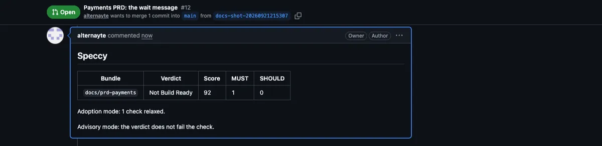 The summary comment: the verdict, the score, and the MUST and SHOULD counts of each bundle