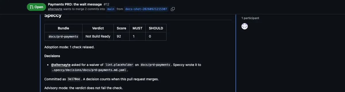 The summary comment after a reply: the decision, the sidecar Speccy wrote, and the commit