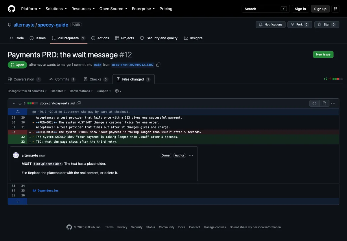 An inline comment on a changed line: MUST lint.placeholder, with the fix