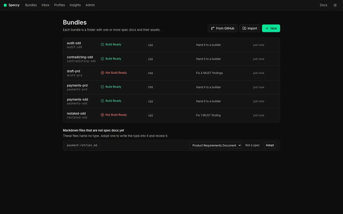 The bundles screen, with a markdown file that names no type, a doc type picker, Not a spec, and Adopt