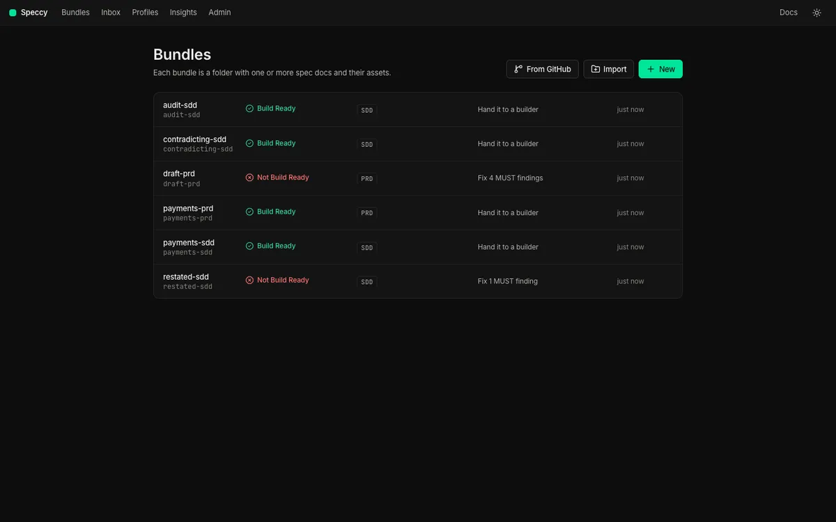 The Bundles screen: one row per bundle, with its state, its doc type and its next action