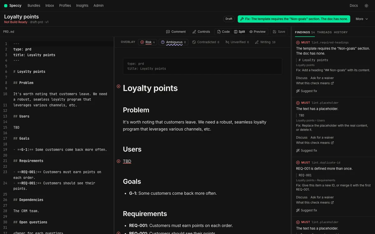 The bundle screen: the control row with the verdict and the next action, the doc with its findings marked, and the findings rail