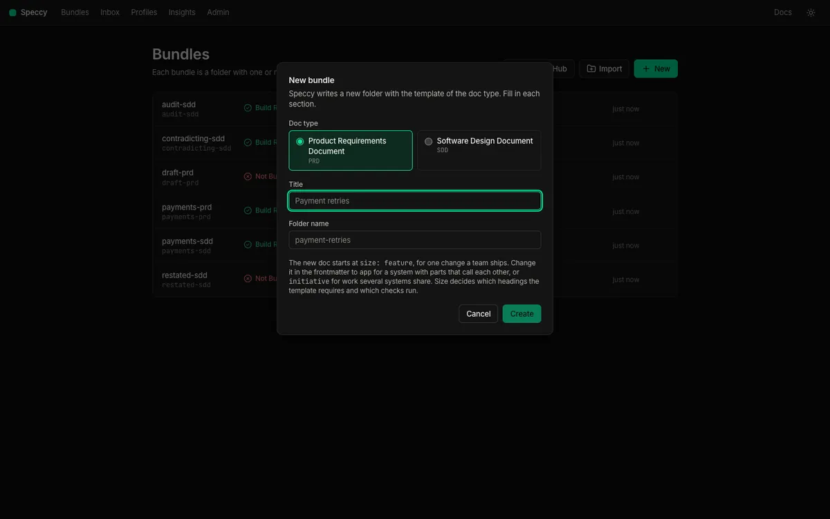 The New bundle dialog: the doc type, the title, the folder name, and the note about size