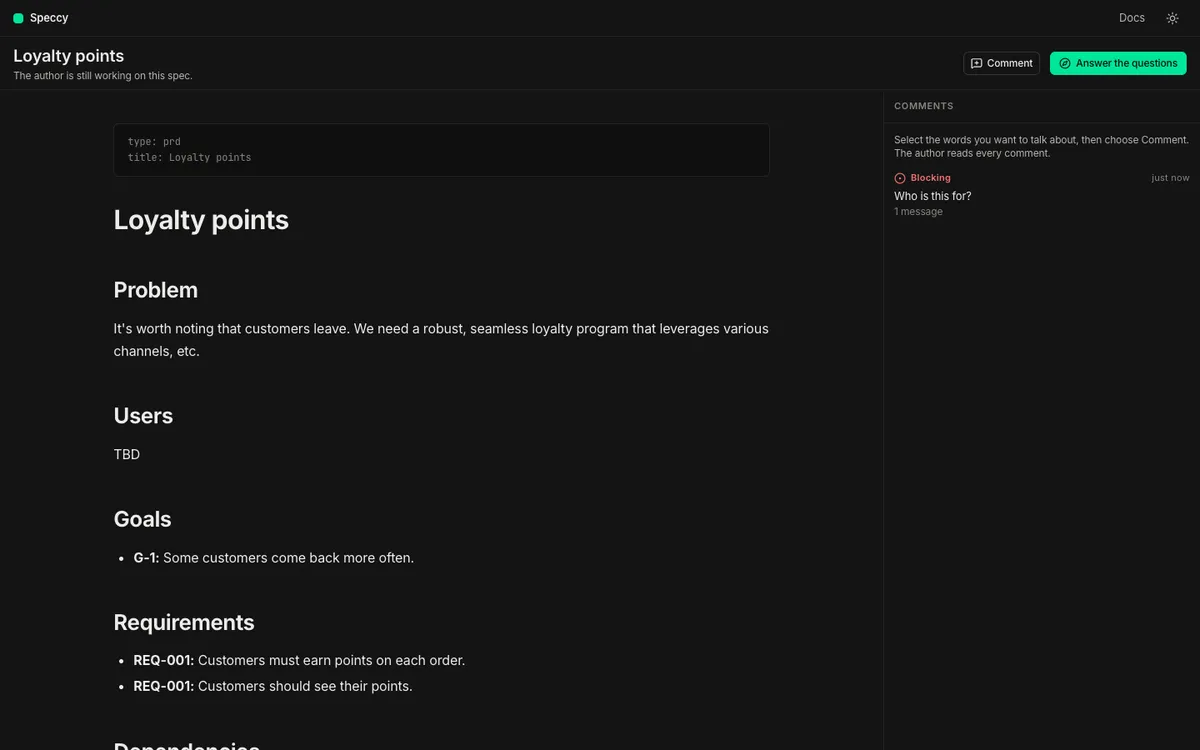 Reviewer mode: the spec, the attachments, and one status line