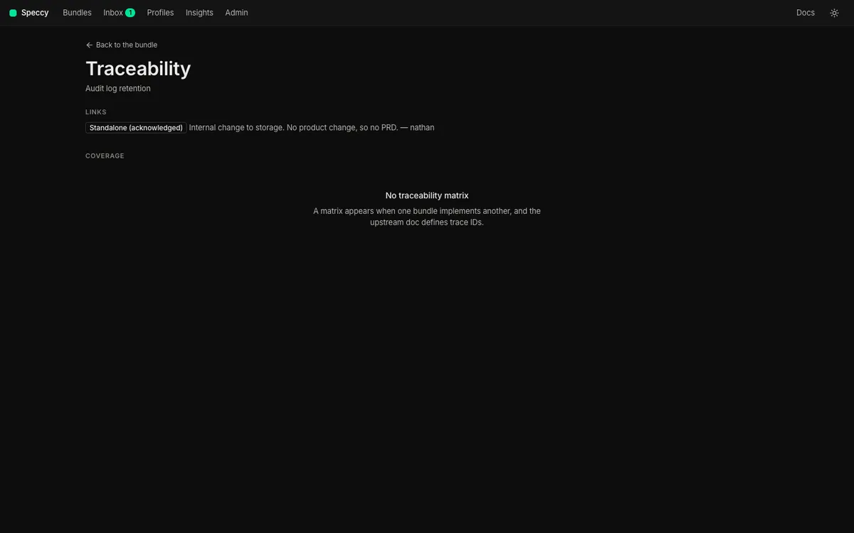 The Traceability page of a Build Ready SDD