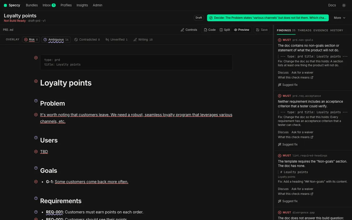 The control row after a review: the verdict, and the next thing to fix