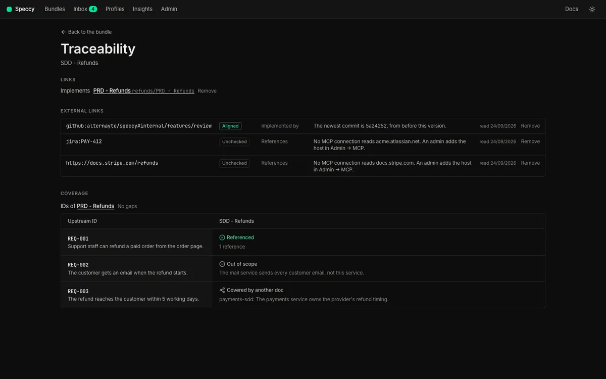 The External links table on the Traceability page, with one row in each state