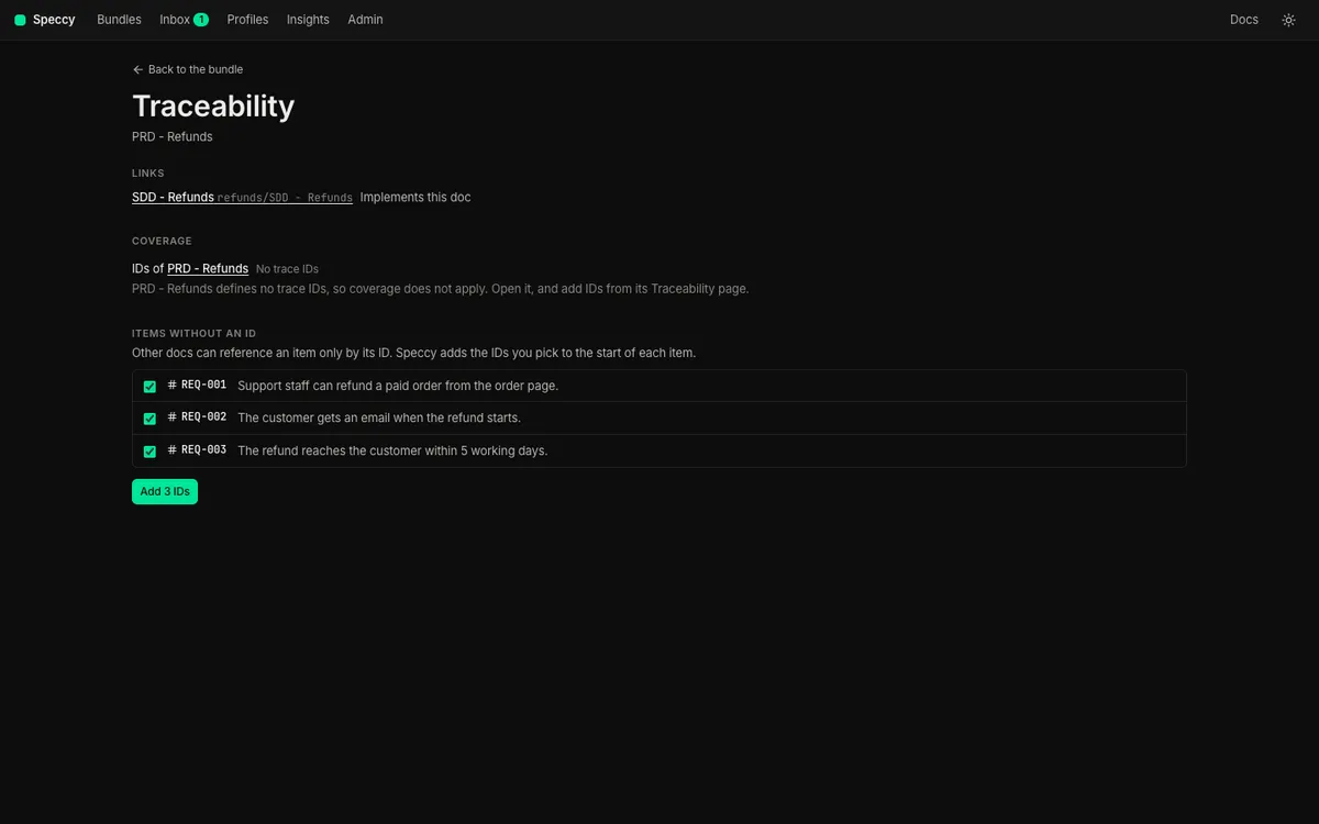 The PRD’s Traceability page suggests IDs for the requirements