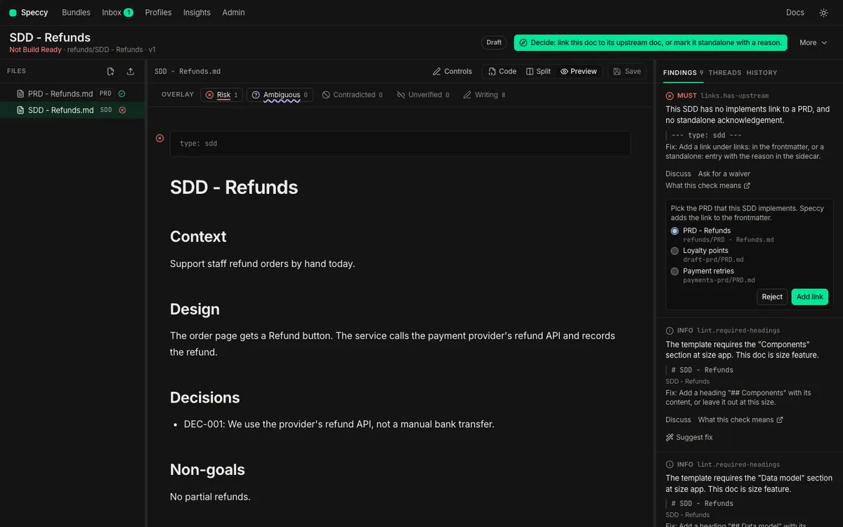Suggest fix on links.has-upstream lists the PRDs