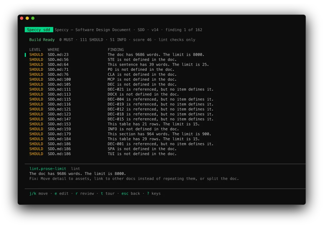 The bundle screen: the verdict, the open findings, and the selected finding