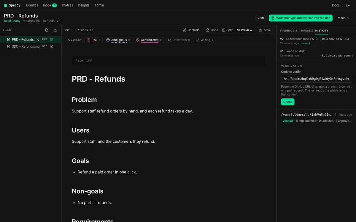 The Verification panel: the field, the resolved commit, and two runs with their outcome counts